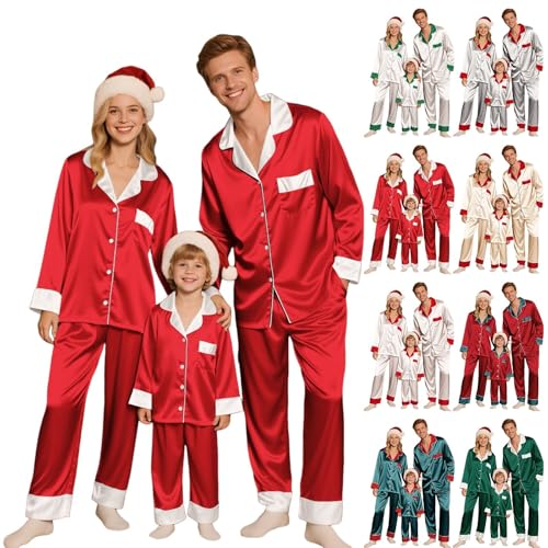 Cocila Pyjamas Matching Family Christmas Satin Loungewear Long Sleeve Shirt Button Nightwear Soft Pajamas Family Women Men Kids Baby His and Hers Christmas Pajamas for Family Red