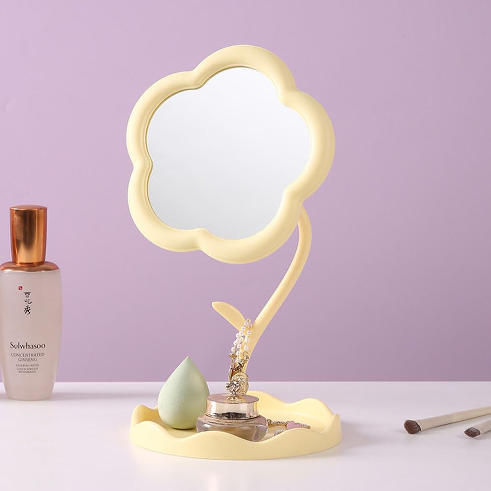Hosoncovy Desktop Mirror with Stand Flower Shaped Countertop Makeup Vanity Cosmetic Decorative Mirror (Yellow)
