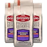 Community Coffee Louisiana Blend Dark Roast Gourmet Private Reserve Whole Bean 12 Oz Bag (3 Pack), Full Body Rich Bold Taste, 100% Specialty Grade Arabica Coffee Beans