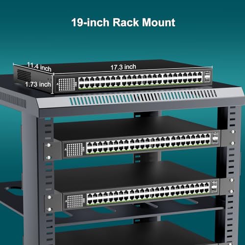 48 Port Unmanaged Gigabit PoE Ethernet Switch with 2 SFP 1000Mbps Uplink Ports, 50 Port VIMIN PoE Ethernet Switch Supports IEEE802.3af/at, 400W Power Supply, Plug and Play