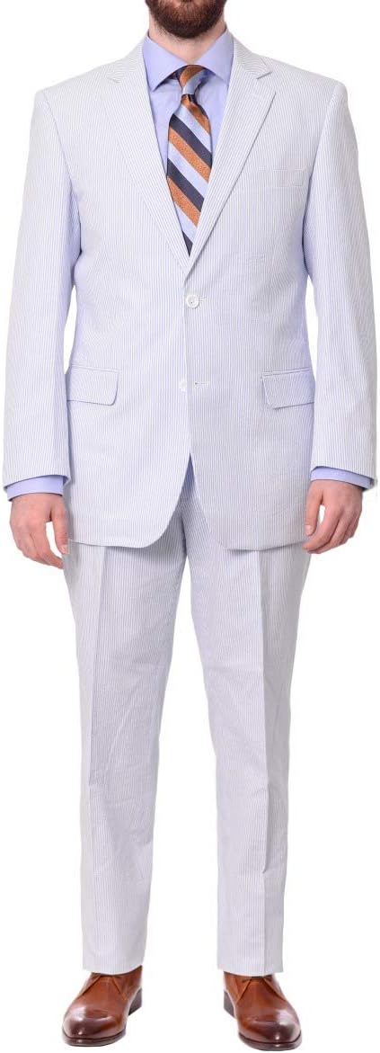 Emigre Classic Fit Blue Pinstriped Two Button Cotton Seersucker Suit-46R