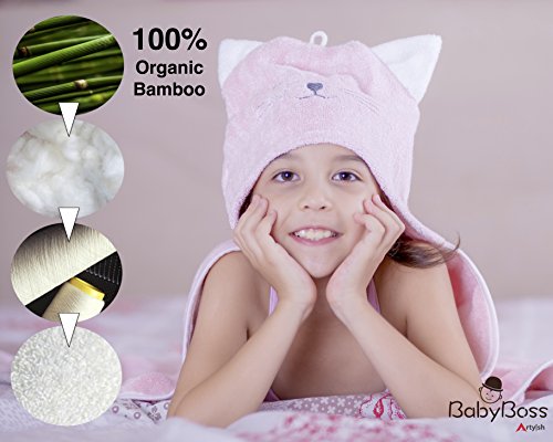 image for BabyBoss Premium Hooded Baby Towel, 100% ORGANIC Bamboo, FREE Baby Bib
