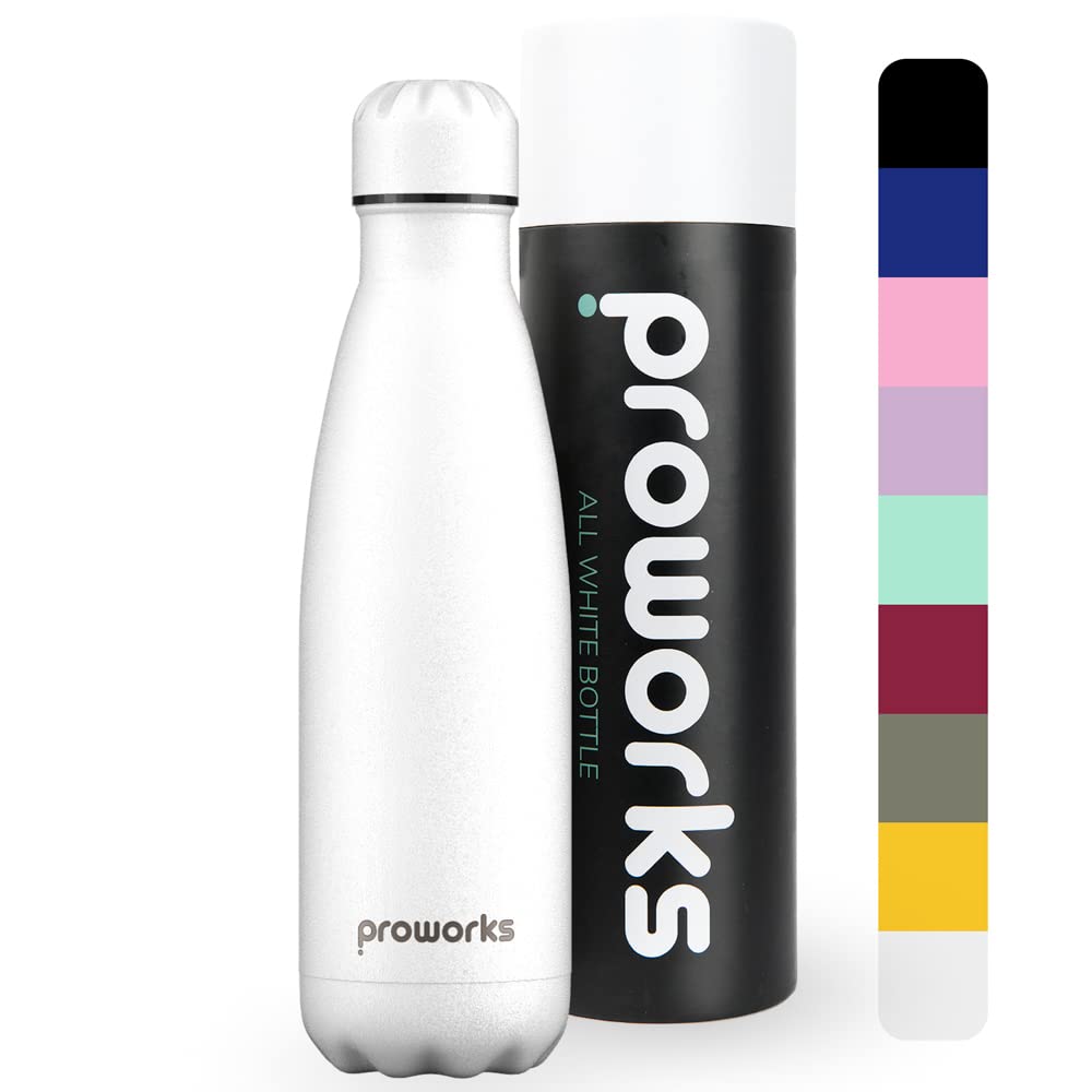 Proworks Performance Stainless Steel Sports Water Bottle | Double Insulated Vacuum Flask for 12 Hours Hot & 24 Hours Cold Drinks - Great for Home, Work, Gym & Travel - 500ml - BPA Free – All White