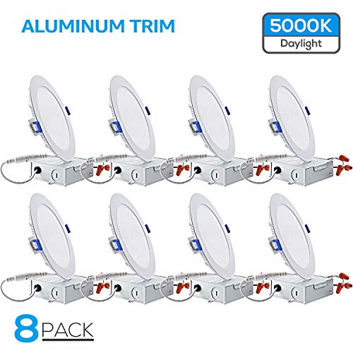 TORCHSTAR 12W 6″ Ultra-Thin Recessed Ceiling Light with Junction Box, 5000K Daylight, Dimmable Airtight Downlight, 850lm 100W Equiv. ETL and Energy Star Certified, Pack of 8