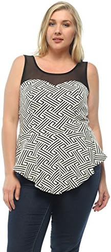 J Mind Women's Women's Plus Size Jersey Sleeveless Jacquard Top Bra Built in Chiffon (2X, Black/Jacquard)