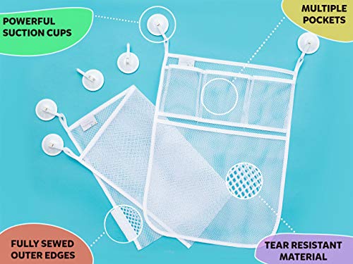 2 x Mesh Bath Toy Organizer + 6 Ultra Strong Hooks – The Perfect Bathtub Toy Holder & Bathroom or Shower Caddy – These Multi-use Net Bags Make Baby Bath Toy Storage Easy – For Kids & Toddlers