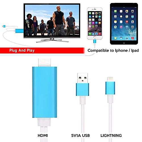 lightning to HDMI,HDMI Cable For iphone to TV, 6.4Ft MHL To HDMI Cable 1080P HDTV Cable Adapter For iPhone 7 6 6S PLUS 5 5S(blue)