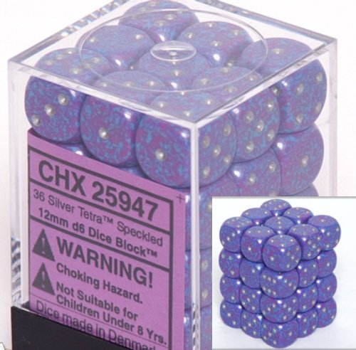 Chessex Dice d6 Sets: Silver Tetra Speckled - 12mm Six Sided Die (36) Block of Dice