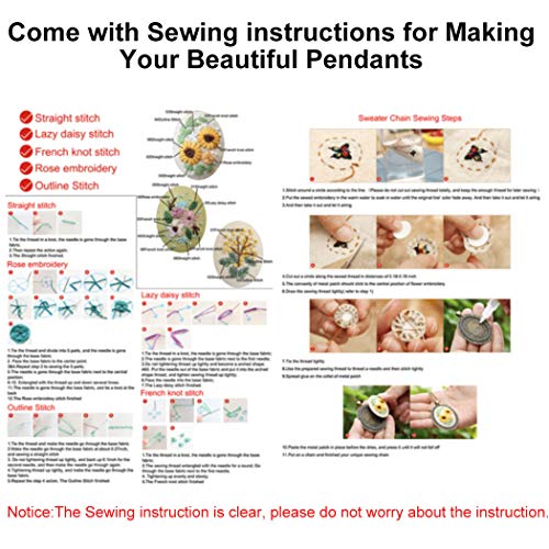 Beginner Embroidery Kit, Outgeek 3PCS Embroidery Starter Kit Set Embroidered Stitching Pendants Hand Sewing Necklace Earrings Pendants Floral Plate Jewelry Necklace for Art Crafts Sewing and Hanging