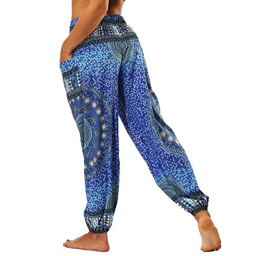 Nuofengkudu-Dame-Hippie-Hose-Pumphose-Haremshose-Boho-Gemustert-Gesmockte-Taille-mit-Taschen-Freizeithose-Sommerhose-Yogahose