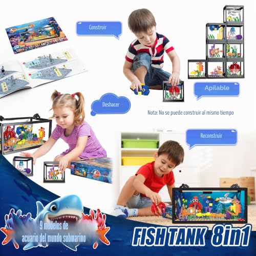 TectoStrux 8 in 1 Fish Tank Construction Toy, Marine Aquarium Building Block with LED Light, Model 9 Toy Included Octopus Crab, Christmas Birthday Gifts for Kids Children 6-12 Years Old