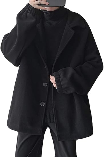 Amazon ラシャコート メンズ ゆったり ドロップショルダー チェスターコート ブルゾン 黒 アウター おしゃれ 男性 黒コート ファッション オーバーコート ショート ストリート系 コート ジャケット 通販