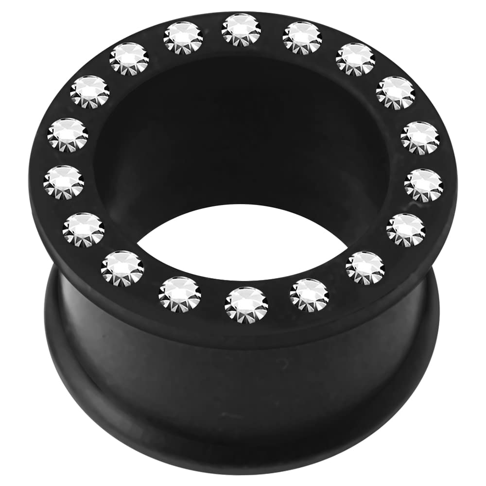8MM Multi Clear Crystal Stone on Black Silicone Double Flared Tunnel Ear Piercing - Sold by Piece