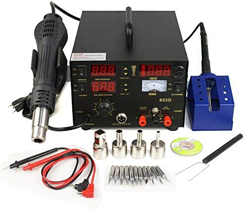 Power Supply 3 in 1 Soldering Station, Hot Air Iron Gun Rework Station & DC Power Supply LED Digital Displays 4 Nozzles