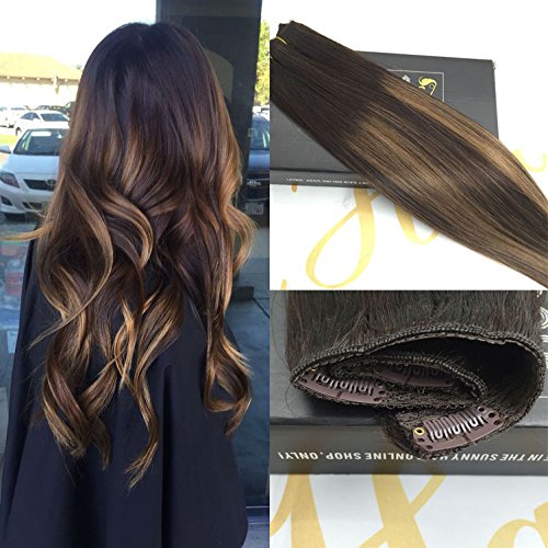 Sunny 18Inch Clip In Hair Extensions One Piece 5 clips Remy Human Hair Dark Brown Mixed Honey Blonde Colorful Highlight Clip in Human Hair Extensions Weight 70g