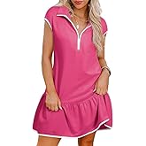 Chvity Women Colorblock Dresses with Pockets Fashion Casual Cap Sleeve Half Zip Mini Dress