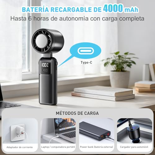 BALYSTOK Ventilador Portátil Recargable con Enfriamiento Instantáneo, 100 Velocidades Ajustables, Plegable 3 en 1, Mini Ventilador de Mano con Pantalla Digital, 4000mAh, USB-C