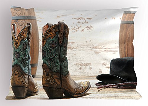 Ambesonne Western Pillow Sham by, American Rodeo Theme Cowgirl Design Leather Boots Fancy Hat Rustic Picture, Decorative Standard Queen Size Printed Pillowcase, 30 X 20 Inches, Brown Teal Black