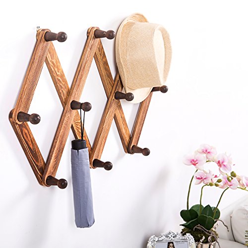 MyGift 10 Hook Burnt Wood Wall Mounted Expandable Accordion Peg Coat