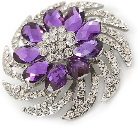 Dimensional Clear/Amethyst Crystal Corsage Brooch In Rhodium Plating - 5cm Diameter, silver, white / ivory, purple, violet - Image 4