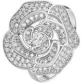 Luxury Camellia Flower Cubic Zirconia Open Statement Rings for Women Dainty 18K Real White Gold Plated Sparkly Crystal Flowers Engagement Wedding Finger Ring Xmas Valentine's Day Jewelry Gifts Girlfriend BFF