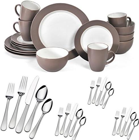 16-Piece Beige/White Stripe Harmony Taupe Stoneware Dinnerware Set (Service For 4) And 20-Piece Stainless Steel Satin Symmetry Flatware Set (Service For 4)