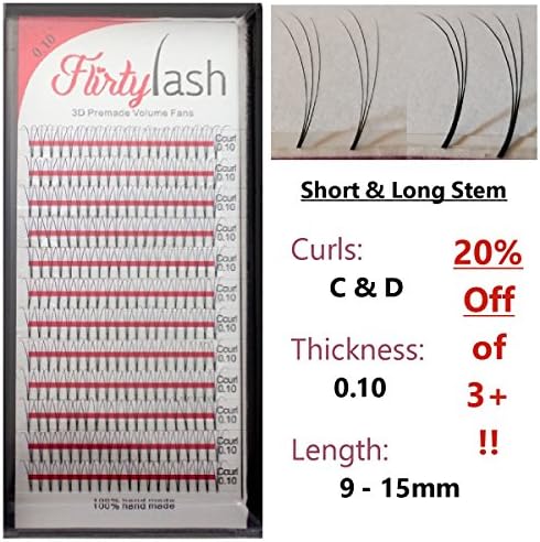 Eyelash Extension 3D-Premade Volume-Lash-Fans .10mm Thick D Curl Choose Length 9 to 15 plus Mixed Ship 1-4 days (12 Long Stem)