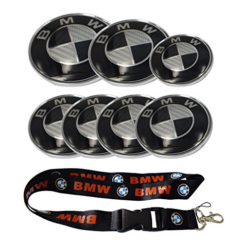 New 1pcs BMW Keychain Lanyard Badge Holder + 7pcs set Black Carbon Fiber Emblem logo badge Hood /Trunk /Steering/Wheel Caps 45mm/68mm/74mm/82mm