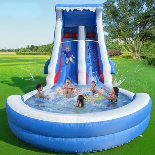 22FT Inflatable Grade Water Slide for Kids with Big Splash Pool, Heavy Duty Blue Kids Water Park with 550W Blower（Enhanced Version）, Wet & Dry Use Outdoor Bounce House for Backyard Summer Party