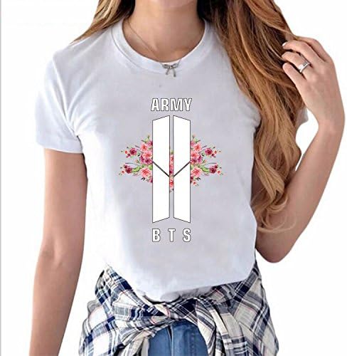 Kokkn Womens BTS &amp; Army Floral T-Shirt K-Pop Bangtan Boys Cotton Short Sleeve Tops (White, M)