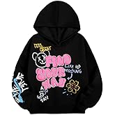 WDIRARA Girl's Cartoon Letter Graphic Hoodie Drop Shoulder Long Sleeve Pullover Sweatshirt