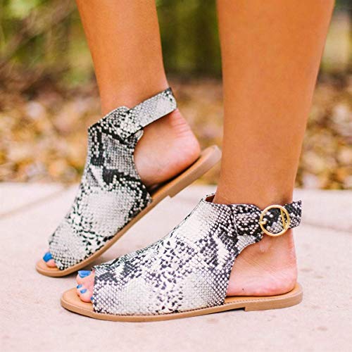 Tantisy ♣↭♣ Summer Fashion Sandals Fish Mouth Flat Heel Leather Buckle Ankle Strap Roman Casual Shoes Loafers for Womens Gray