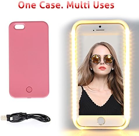 iPhone 6 6s Plus LED illuminated Case,Walnut LED Lighting up Phone Case for Selfies/Applying Make-Up/Videos/Flashlight/Facetime, Protects Phone &amp; includes Charger For iPhone 6 Plus/6S Plus-Pink