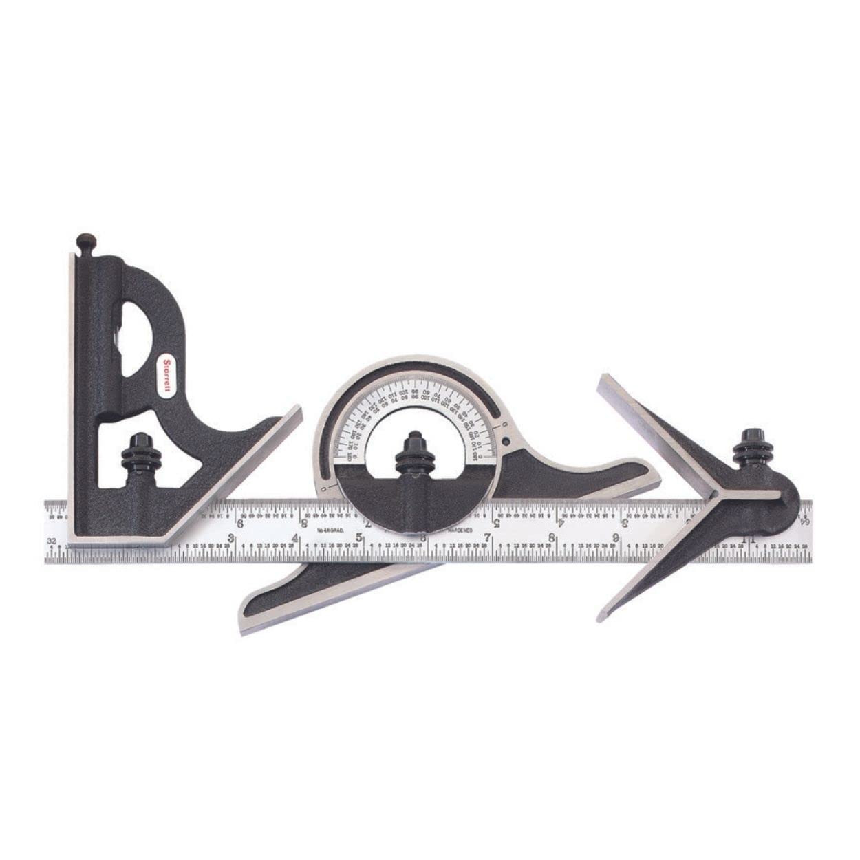 Starrett C9-12-4R Combination Set, With Cast Iron Heads, Centring, Square And Protractor Heads, Black Wrinkle Finish, Satin Chrome Blade, 12", 4R Grad