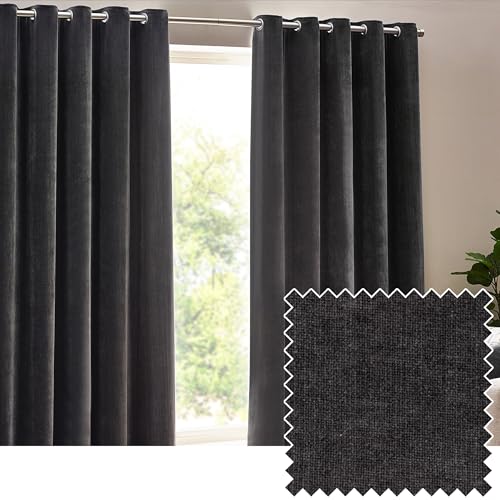 furn. Yard Heavy Chenille Verdunkelungs OEsen Vorhangpaar – Gefuetterte Lichtblockierende Vorhaenge Aus Weichem Samt (Holzkohle – Breite 117 x Laenge 137cm)