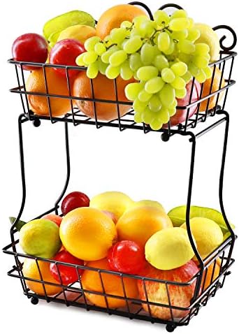HENSUN 2 Tier Metal Fruit Bread Storage Basket Display Stand For Fruit, Vegetables, Snacks, Removable Screwless, Antique Black