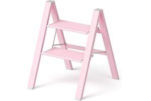 PLEDDANIO 2 Step Ladder,Step Stool Folding Ladders for Adults,Lightweight Aluminum Stools,330lbs Capacity,Home Kitchen Library Office Ladder Pink