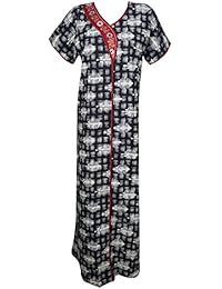 Womens Maxi Dress Nightdress Black Printed Cotton Summer Kaftan Nightgown L