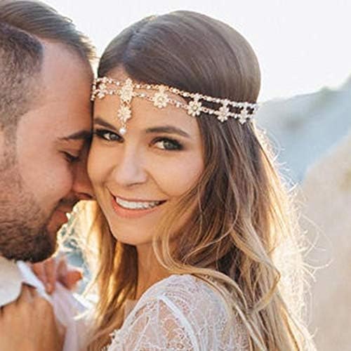 Zoestar Head Chain Jewellery Wedding Bohemian Bridal Flowers Headband Elastic for Women (Gold)