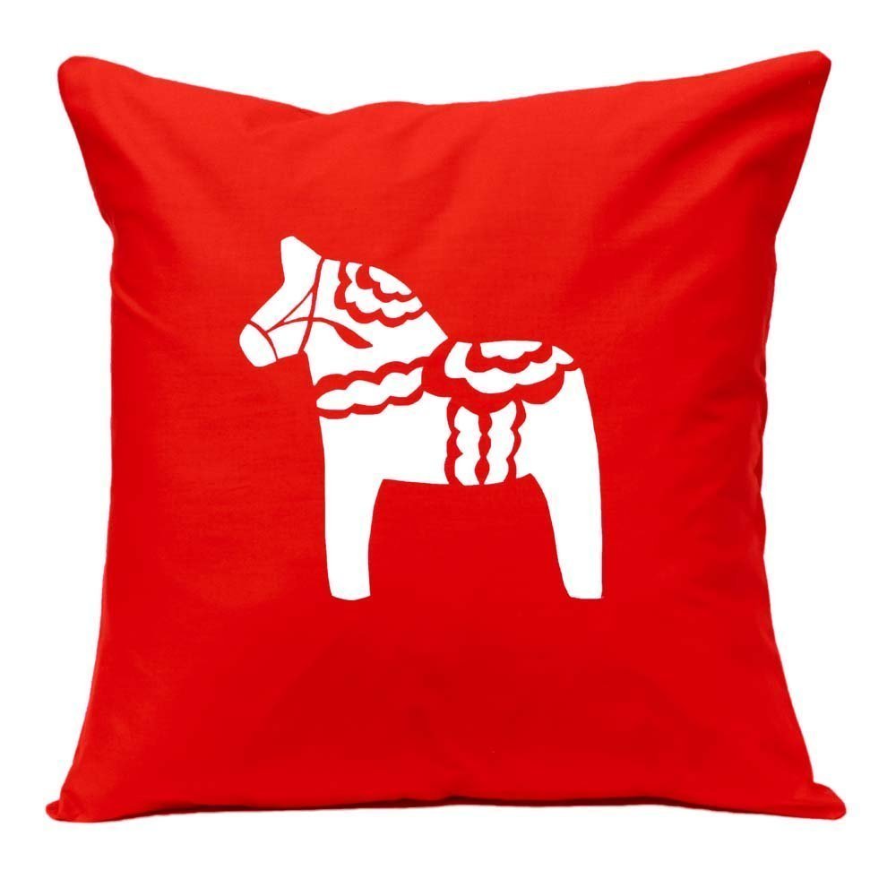 Throw Pillow Swedish Dala Horses in Red Handmade Pillow