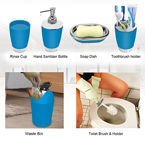 TEKITSFUN Blue Bathroom Accessories Set,6 Pcs Plastic Gift Bath Accessory Set Luxury Ensemble Includes Toothbrush Holder,Toothbrush Cup,Soap Dispenser,Soap Dish,Toilet Brush Holder,Trash Can - Thumbnail 3