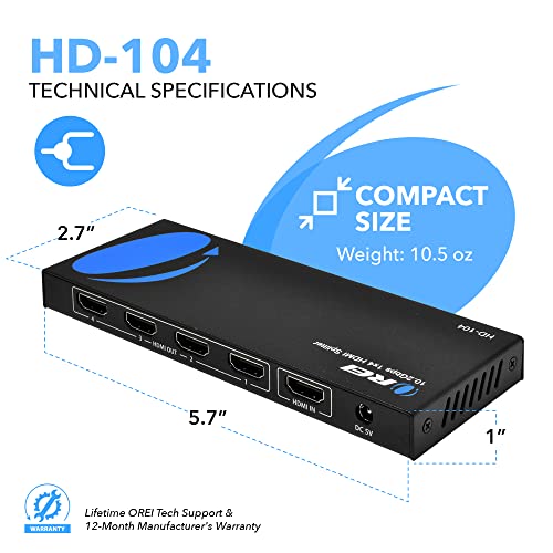 OREI 4K 1x4 HDMI Splitter by - 1 Port to 4 HDMI Display Duplicate/Mirror - Powered Splitter Ver 1.4 Certified for Full HD 1080P High Resolution & 3D Support (One Input To Four Outputs) - HD-104 Black