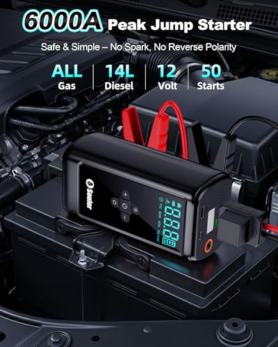 Car Battery Booster Jump Starter, 6000A Jump Starter with Air Compressor, Booster Pack with 160PSI Portable Tire Inflator (All Gas/14.0L Diesel), LED Light, EVA Case