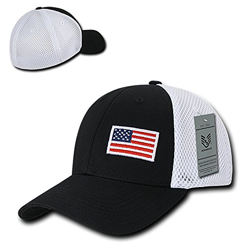USA Flag Embroidered Aero Foam Mesh Flex Fitting Cap - BLACK