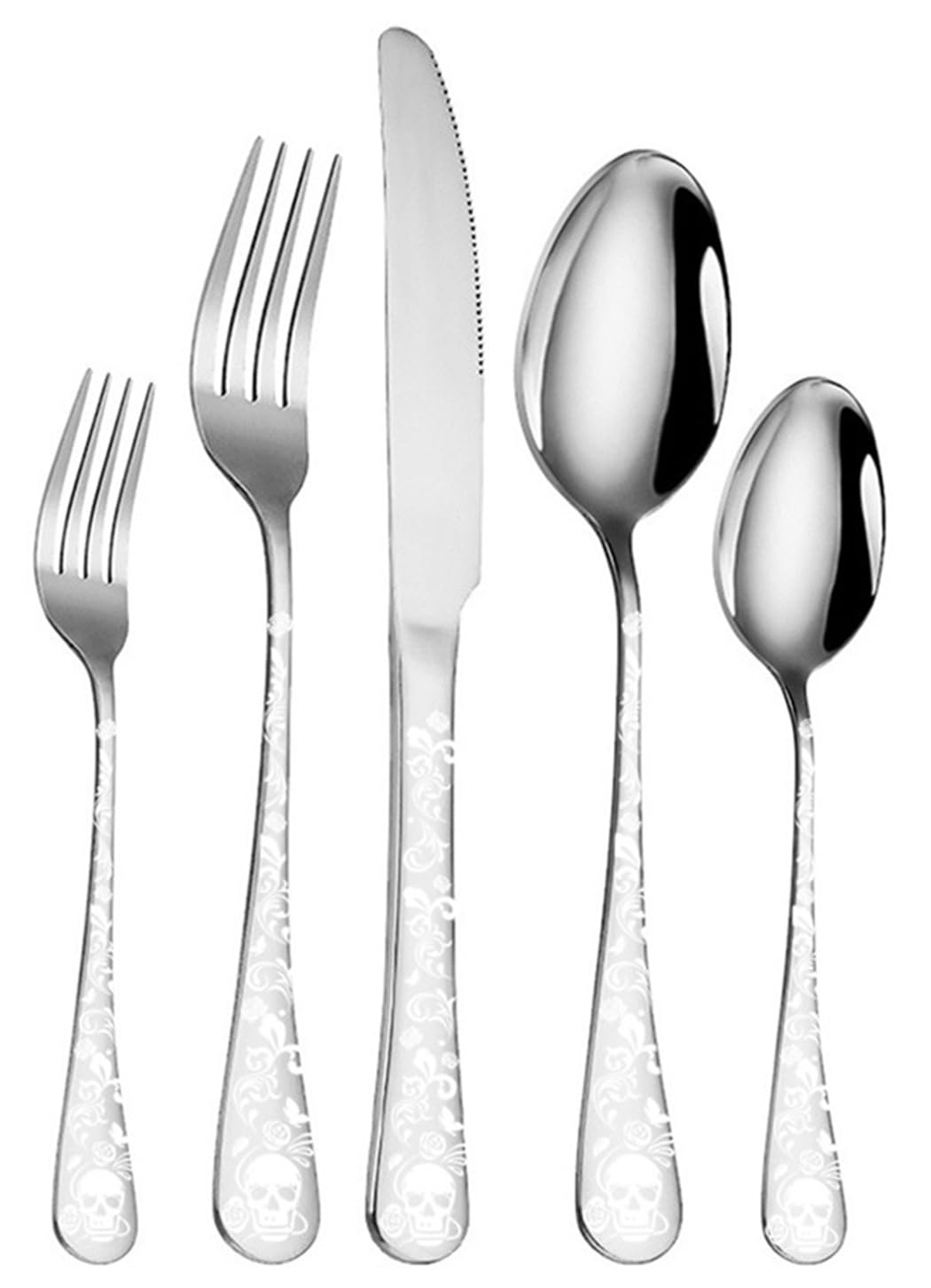 XIAOYU 5 Piece Skull Pattern Silverware Set, Stainless Steel Flatware Set, Gothic Unique Skeleton and Flower Pattern Design, Perfect for Halloween Easter and Christmas, Silver