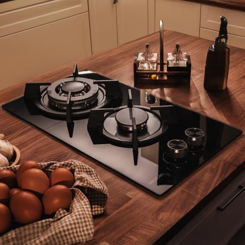 Gaskochfeld Bolero Squad GN 2200S Glass Black, 2 Brenner, 5,25 kW Leistung, Schwarzes Glas, WOK Triplekorona, Gusseisen Einzelgitter, Elektronische Zündung, Sicherheitsventil und GLP-Umrüstung