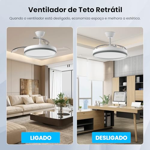 Ventilador de Teto com Pás Retráteis, Luz LED e Controle Remoto – Modelo Silencioso de 106 cm, Bivolt, 6 Velocidades e 3 Temperaturas de Cor (3CCT) para Uso Interno
