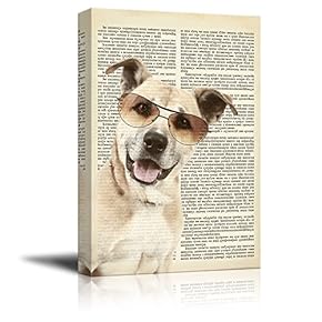 Creative Animal Figure on Vintage Paper Canvas Wall Art - Dog Wearing Sun Glasses - Giclee Print Gallery Wrap Modern Home Art Ready to Hang - 12x18 inches