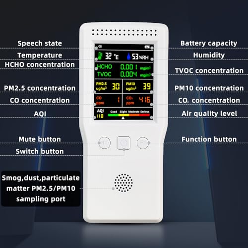 Air Quality Monitor Indoor/Outdoor, Portable Formaldehyde Detector Temperature Humidity Meter Sensor Tester with Stand, 9 in 1 Real-Time Air Particle Counter for PM2.5 PM10 AQI CO2 CO TVOC HCHO