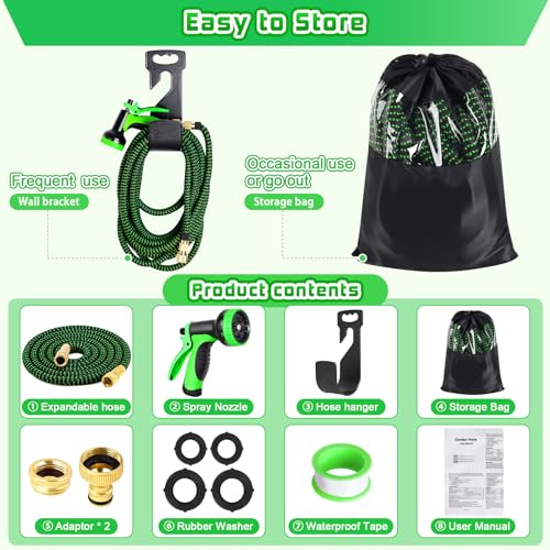 Expandable Garden Hose Pipe 100ft 30m, Upgraded Expanding Water Hose with 10 Pattern Spray Nozzle, 3/4" 1/2" Hose Connectors, Magic Flexible Hose Anti-Kink Durable Hosepipes for Gardening Pet Bathing